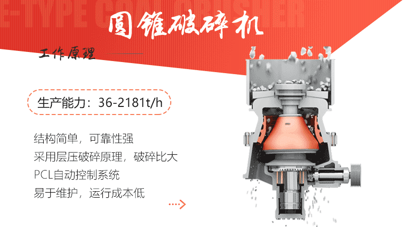 圓錐破碎機：進料口尺寸：95-330mm 生產(chǎn)能力：120-855t/h 出料口尺寸：≥13mm
